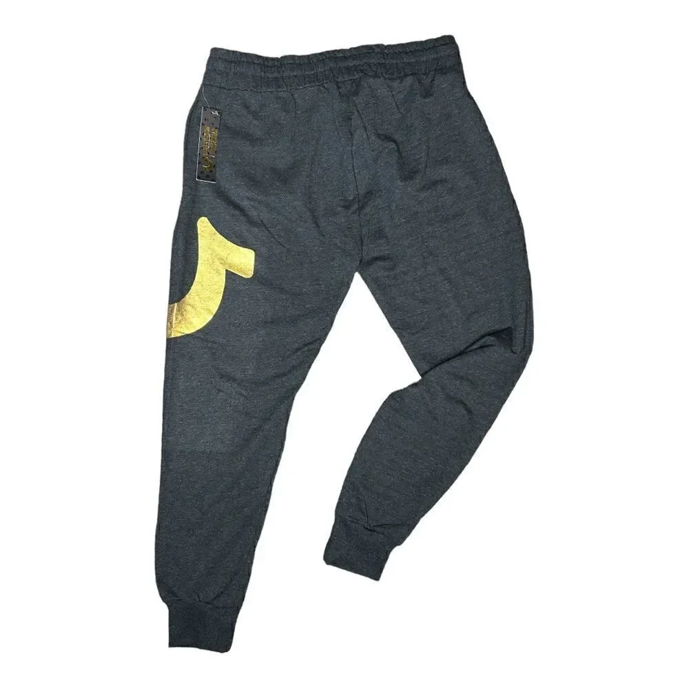 NEW True Religion Jogger Sweatpants Charcoal Grey Gold Logo Elastic Waist Mens L